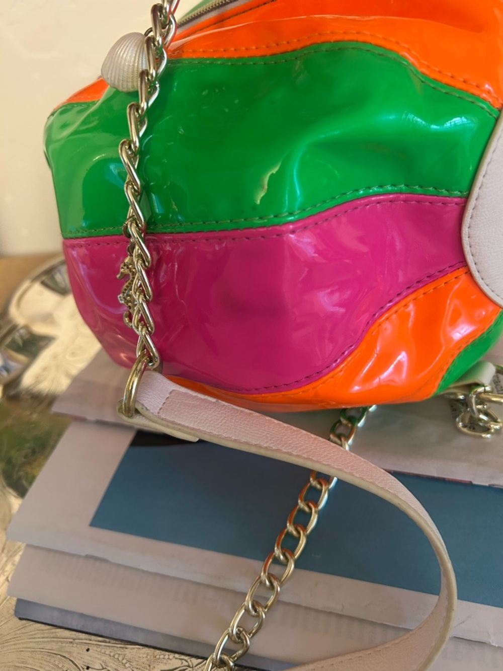 Betsey Johnson Novelty Beach ball purse in pink orange and green. - Picture 7 of 9